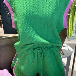 Green and Pink Knit Sleeveless Top and Shorts Set